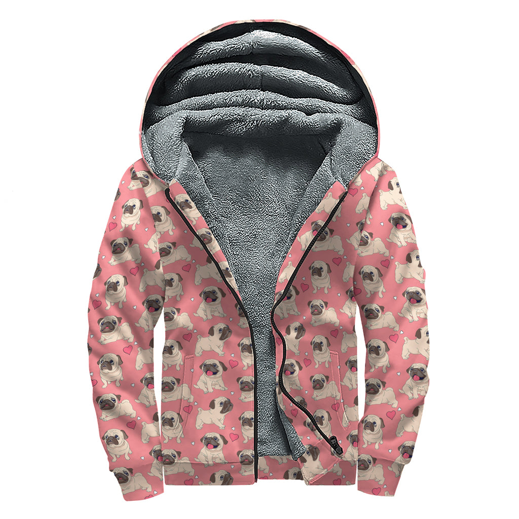 Love Pug Pattern Print Sherpa Lined Zip Up Hoodie