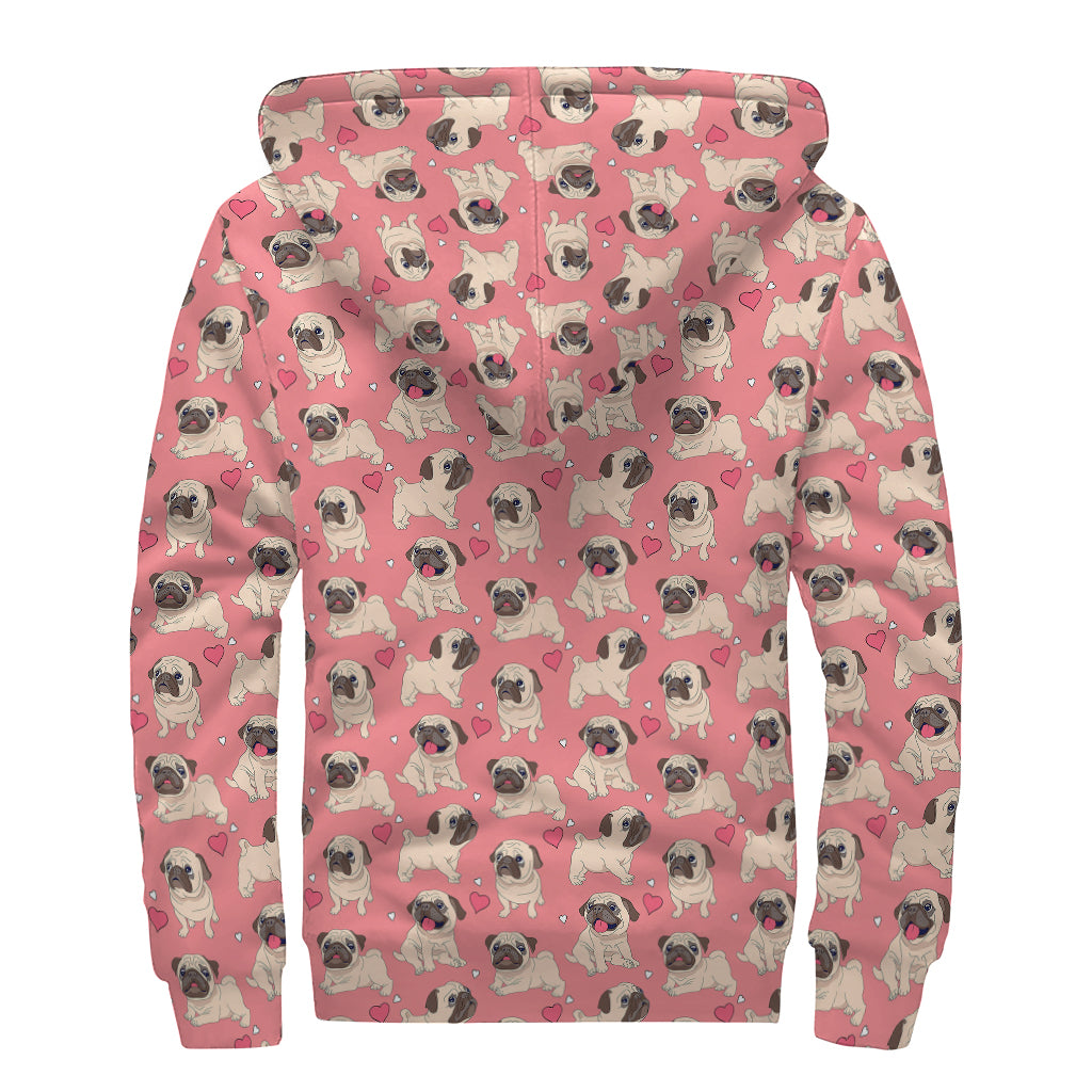 Love Pug Pattern Print Sherpa Lined Zip Up Hoodie