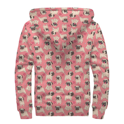 Love Pug Pattern Print Sherpa Lined Zip Up Hoodie
