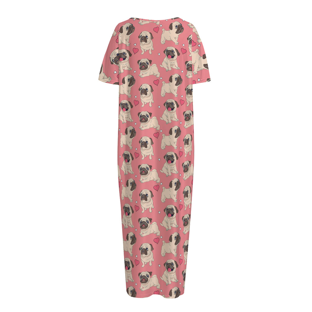 Love Pug Pattern Print Short Sleeve Long Nightdress