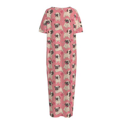 Love Pug Pattern Print Short Sleeve Long Nightdress