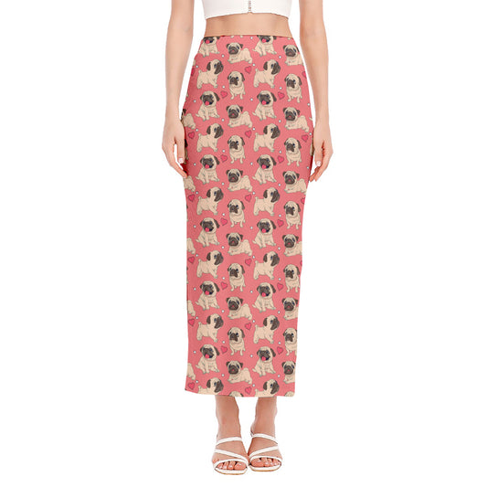 Love Pug Pattern Print Side Slit Maxi Skirt