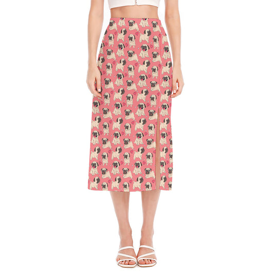 Love Pug Pattern Print Side Slit Midi Skirt