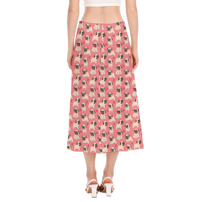 Love Pug Pattern Print Side Slit Midi Skirt