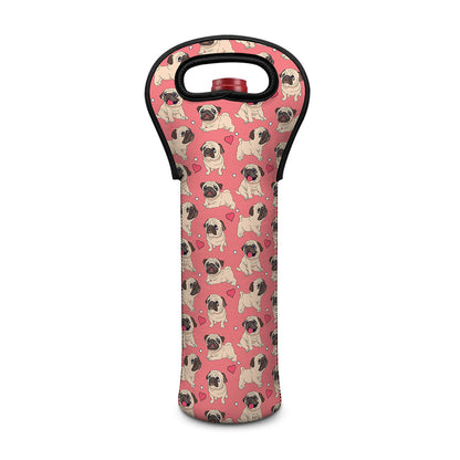 Love Pug Pattern Print Single Neoprene Wine Tote