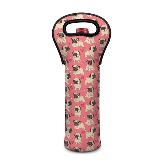 Love Pug Pattern Print Single Neoprene Wine Tote