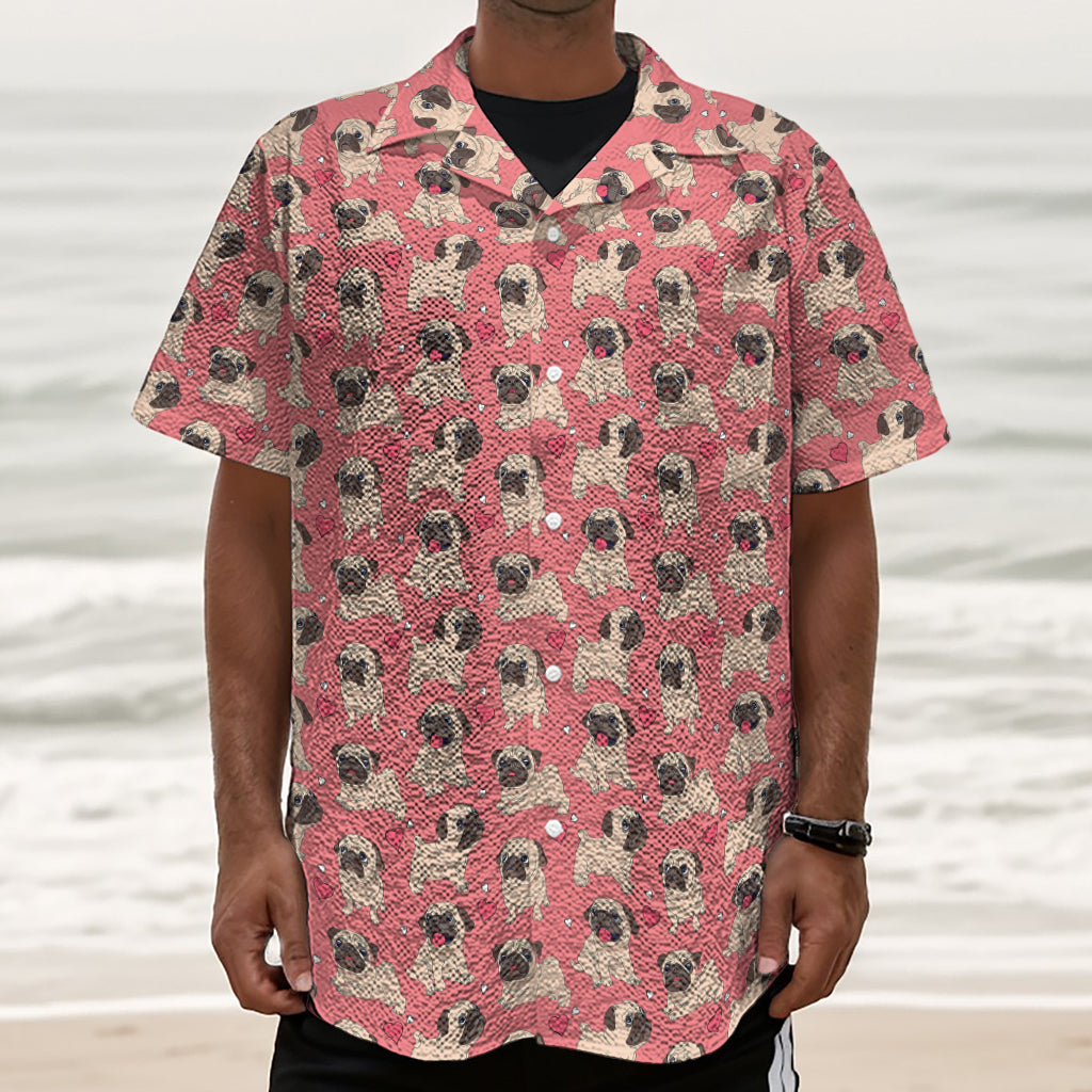 Love Pug Pattern Print Textured Short Sleeve Shirt