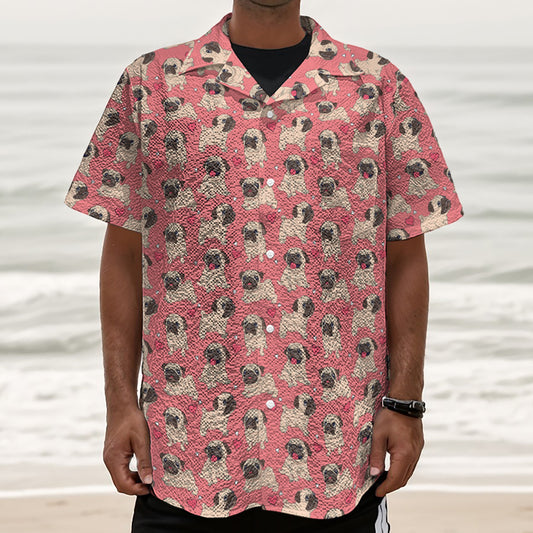 Love Pug Pattern Print Textured Short Sleeve Shirt