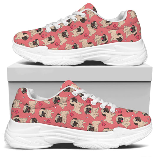 Love Pug Pattern Print White Chunky Shoes