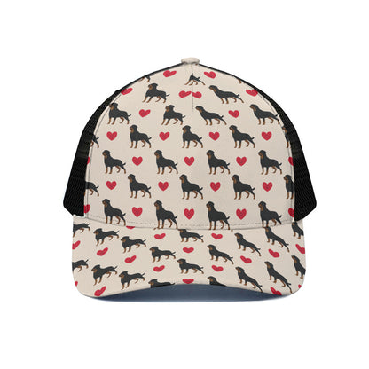 Love Rottweiler Pattern Print Black Mesh Trucker Cap