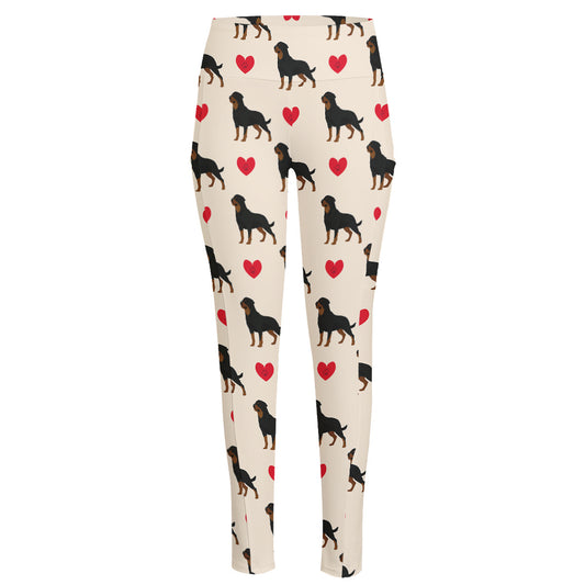Love Rottweiler Pattern Print High-Waisted Pocket Leggings