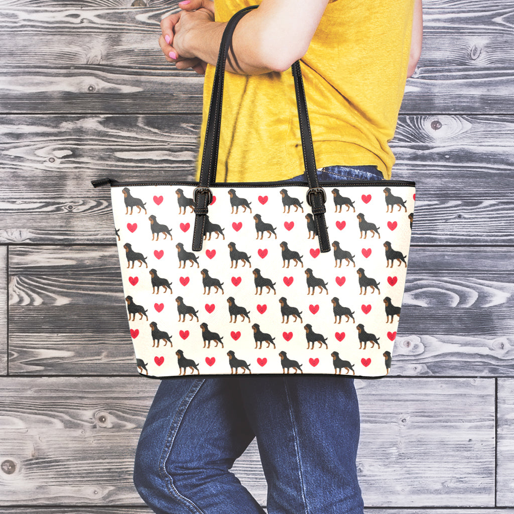 Love Rottweiler Pattern Print Leather Tote Bag