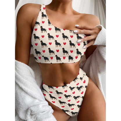 Love Rottweiler Pattern Print One Shoulder Bikini Top