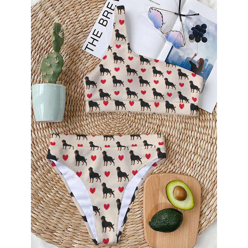 Love Rottweiler Pattern Print One Shoulder Bikini Top