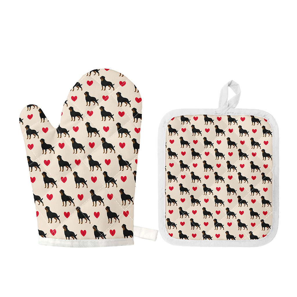 Love Rottweiler Pattern Print Oven Mitt And Pot Holder Set