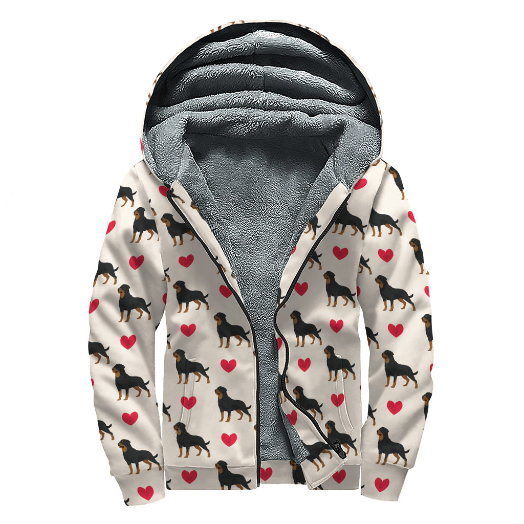 Love Rottweiler Pattern Print Sherpa Lined Zip Up Hoodie