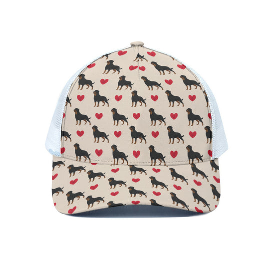 Love Rottweiler Pattern Print White Mesh Trucker Cap