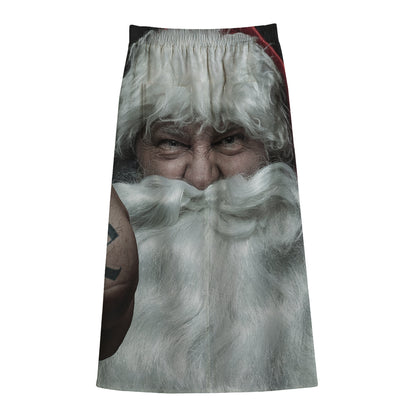 Love Xmas Santa Claus Print Cotton Front Slit Maxi Skirt