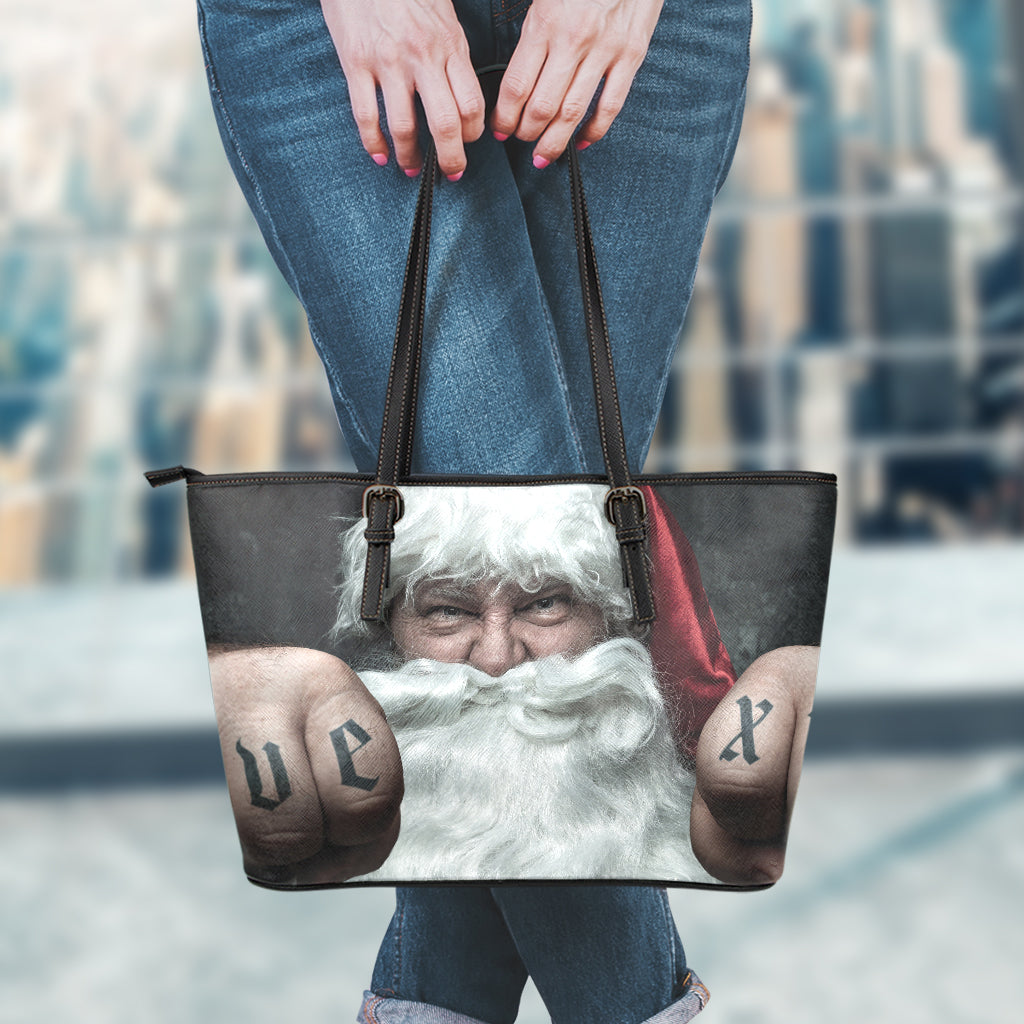 Love Xmas Santa Claus Print Leather Tote Bag