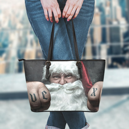 Love Xmas Santa Claus Print Leather Tote Bag