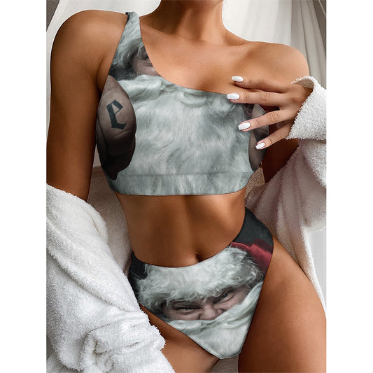 Love Xmas Santa Claus Print One Shoulder Bikini Top