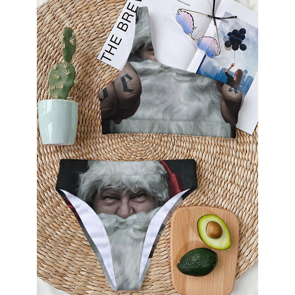 Love Xmas Santa Claus Print One Shoulder Bikini Top