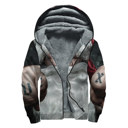 Love Xmas Santa Claus Print Sherpa Lined Zip Up Hoodie