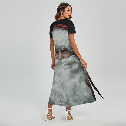 Love Xmas Santa Claus Print Short Sleeve Maxi Dress