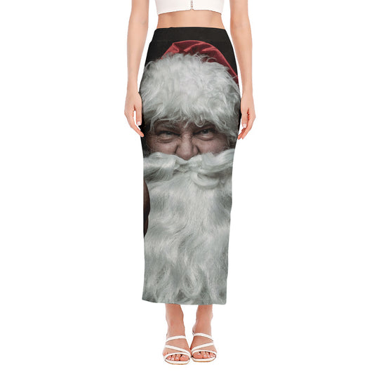 Love Xmas Santa Claus Print Side Slit Maxi Skirt
