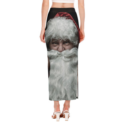 Love Xmas Santa Claus Print Side Slit Maxi Skirt
