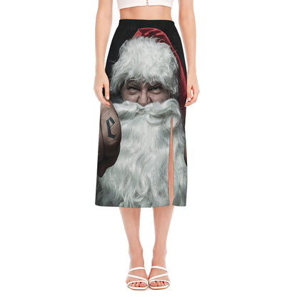 Love Xmas Santa Claus Print Side Slit Midi Skirt