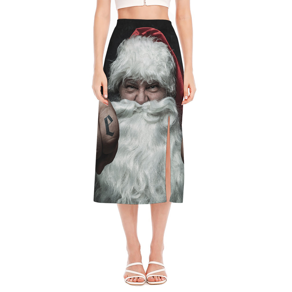 Love Xmas Santa Claus Print Side Slit Midi Skirt