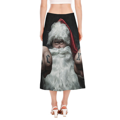 Love Xmas Santa Claus Print Side Slit Midi Skirt