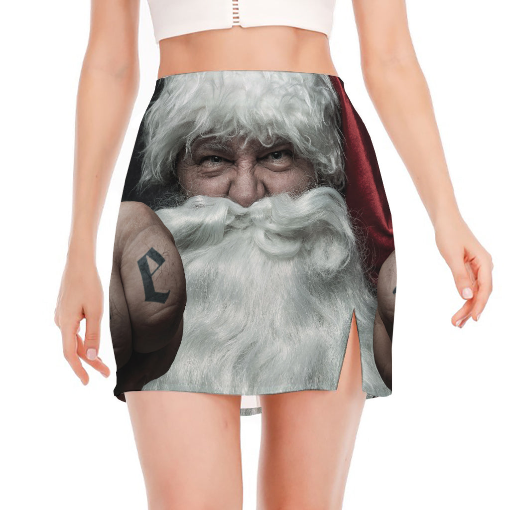 Love Xmas Santa Claus Print Side Slit Mini Skirt