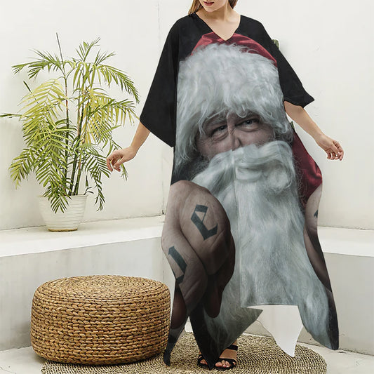 Love Xmas Santa Claus Print Silk V-Neck Kaftan Dress