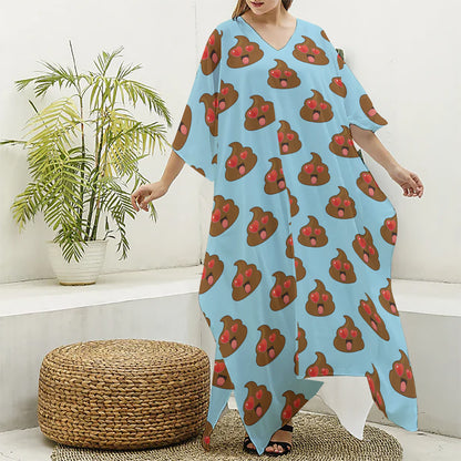 Lovely Poop Pattern Print Silk V-Neck Kaftan Dress