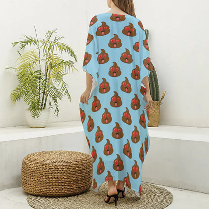 Lovely Poop Pattern Print Silk V-Neck Kaftan Dress