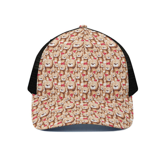 Lovely Teddy Bear Pattern Print Black Mesh Trucker Cap