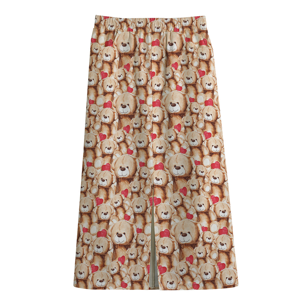 Lovely Teddy Bear Pattern Print Cotton Front Slit Maxi Skirt