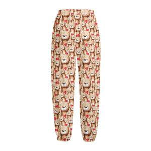 Lovely Teddy Bear Pattern Print Fleece Lined Knit Pants