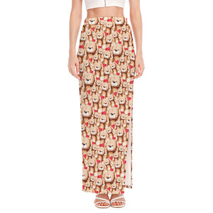 Lovely Teddy Bear Pattern Print High Slit Maxi Skirt