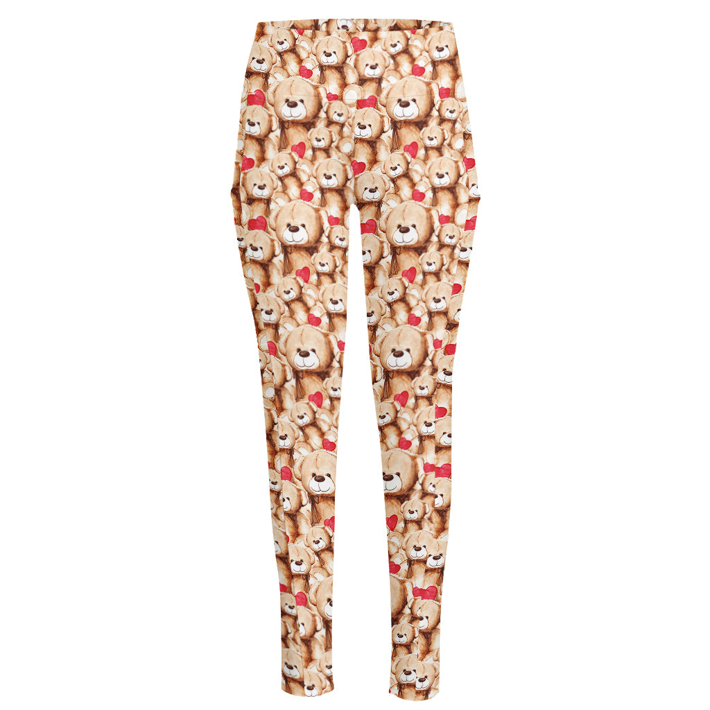 Lovely Teddy Bear Pattern Print High-Waisted Pocket Leggings