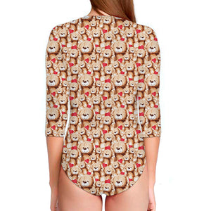 Lovely Teddy Bear Pattern Print Long Sleeve Swimsuit