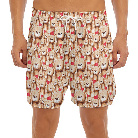 Lovely Teddy Bear Pattern Print Men's Split Running Shorts