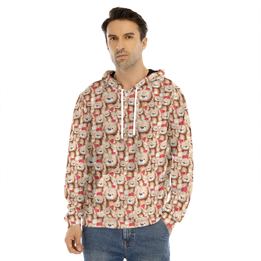 Lovely Teddy Bear Pattern Print Men's Velvet Pullover Hoodie