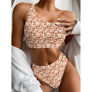 Lovely Teddy Bear Pattern Print One Shoulder Bikini Top