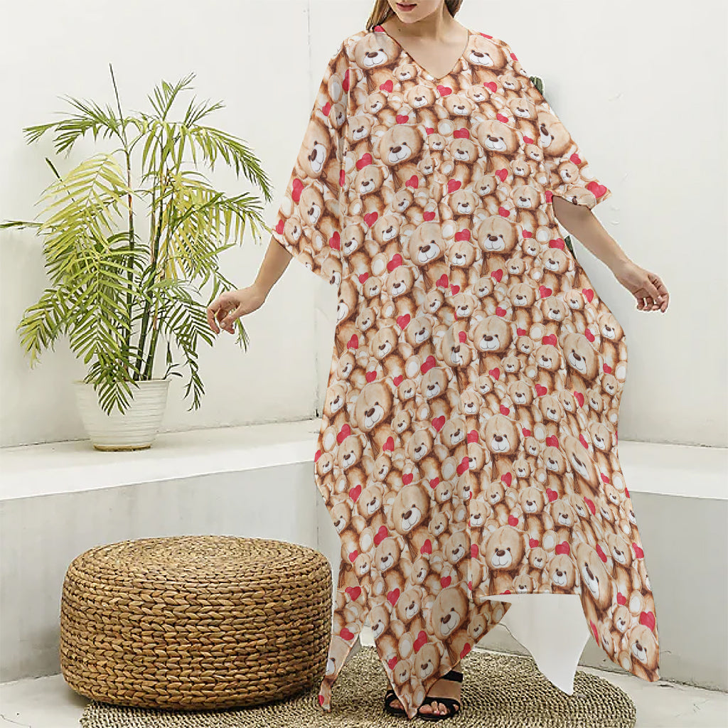 Lovely Teddy Bear Pattern Print Silk V-Neck Kaftan Dress