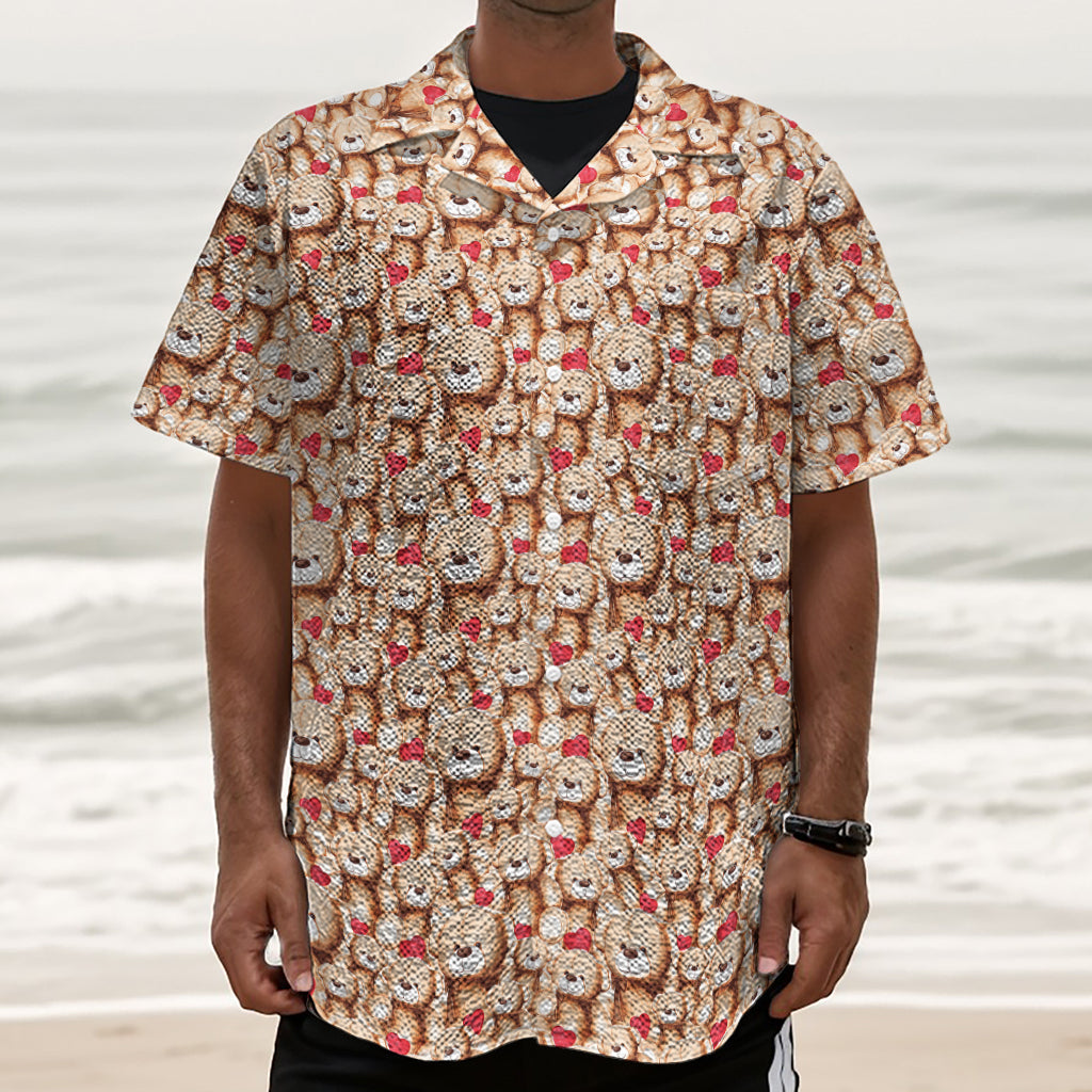 Lovely Teddy Bear Pattern Print Textured Short Sleeve Shirt