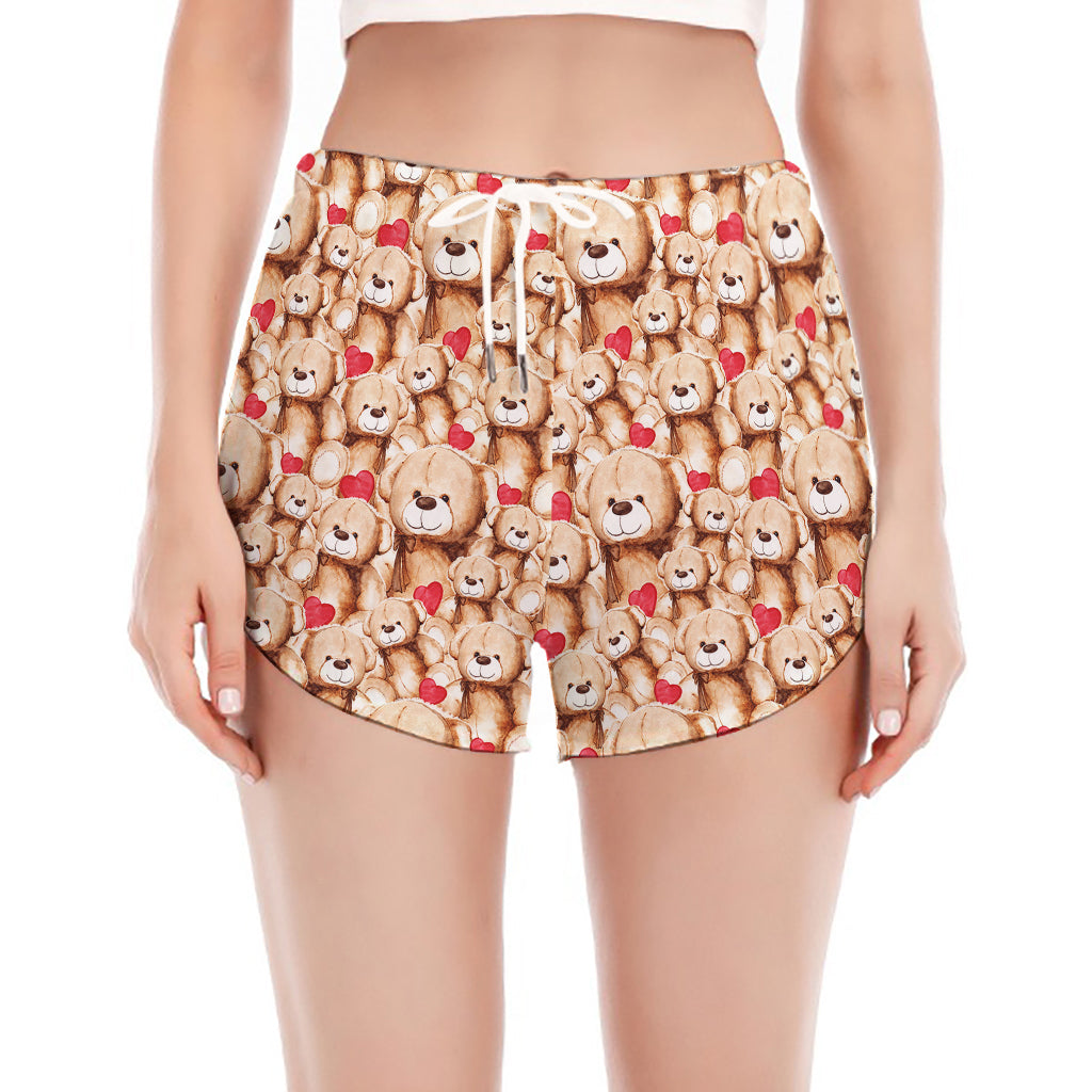 Lovely Teddy Bear Pattern Print Women's Split Running Shorts