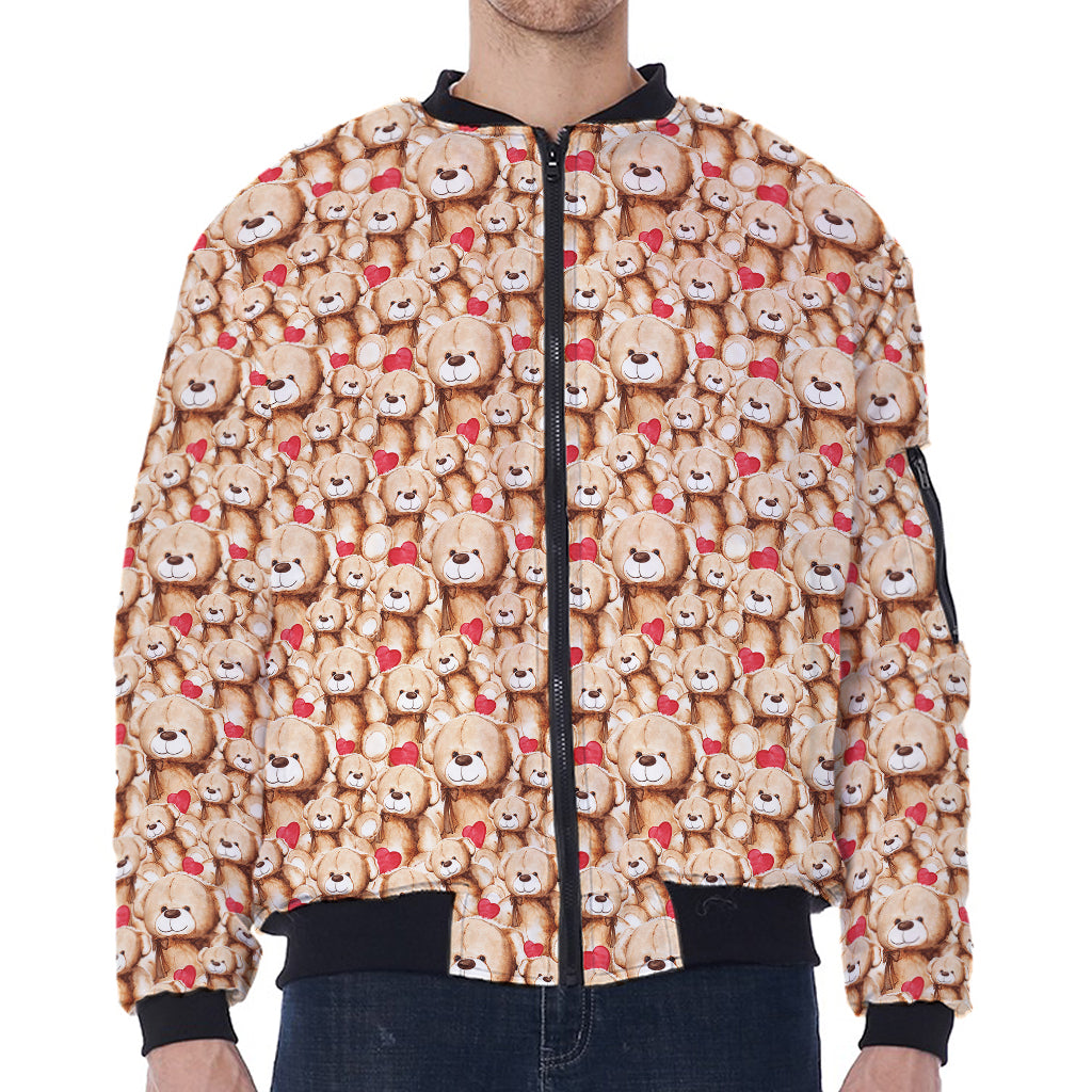 Lovely Teddy Bear Pattern Print Zip Sleeve Bomber Jacket